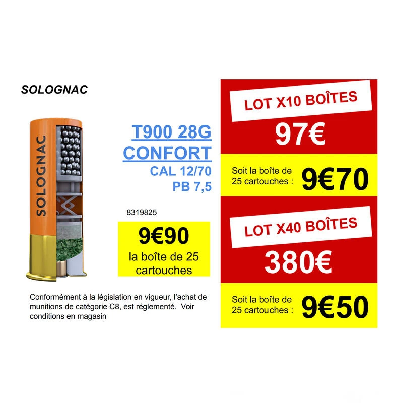 CARTOUCHE Ball Trap T900 28g CONFORT CALIBRE 12/70 PLOMB N°7,5 X25 2 CARTOUCHE Ball Trap T900 28g CONFORT CALIBRE 12/70 PLOMB N°7,5 X25 – Image 2