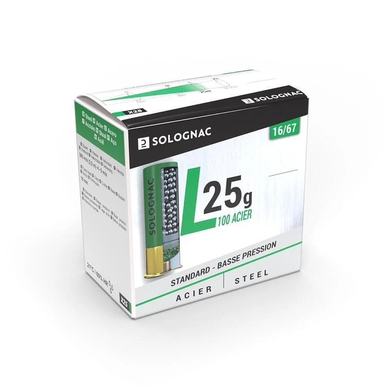 CARTOUCHE L100 25G BASSE PRESSION CALIBRE 16/67 BILLE ACIER N°5X25 1 CARTOUCHE L100 25G BASSE PRESSION CALIBRE 16/67 BILLE ACIER N°5X25
